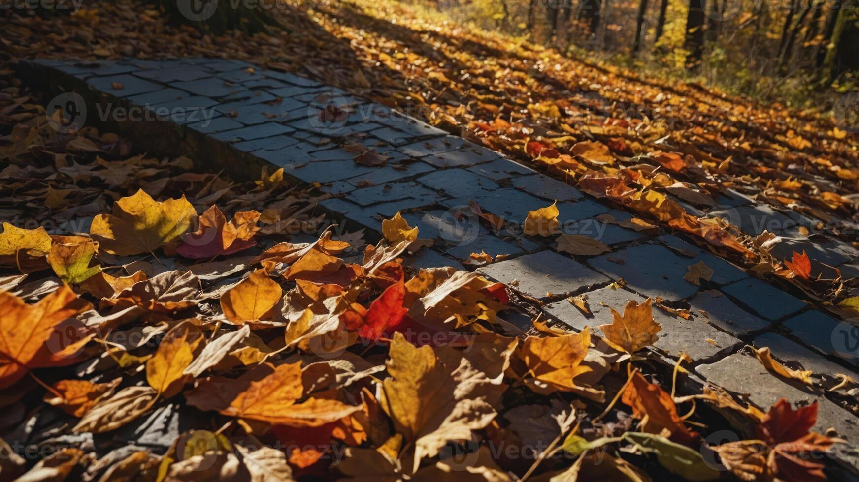 A pathway covered in colorful autumn leaves, showcasing nature's seasonal beauty. photo