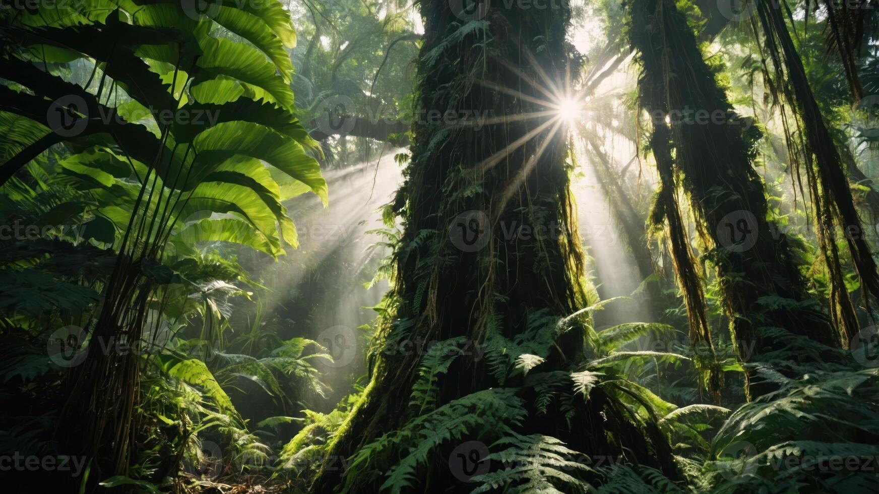 A sunlit rainforest scene with towering trees and vibrant ferns. photo