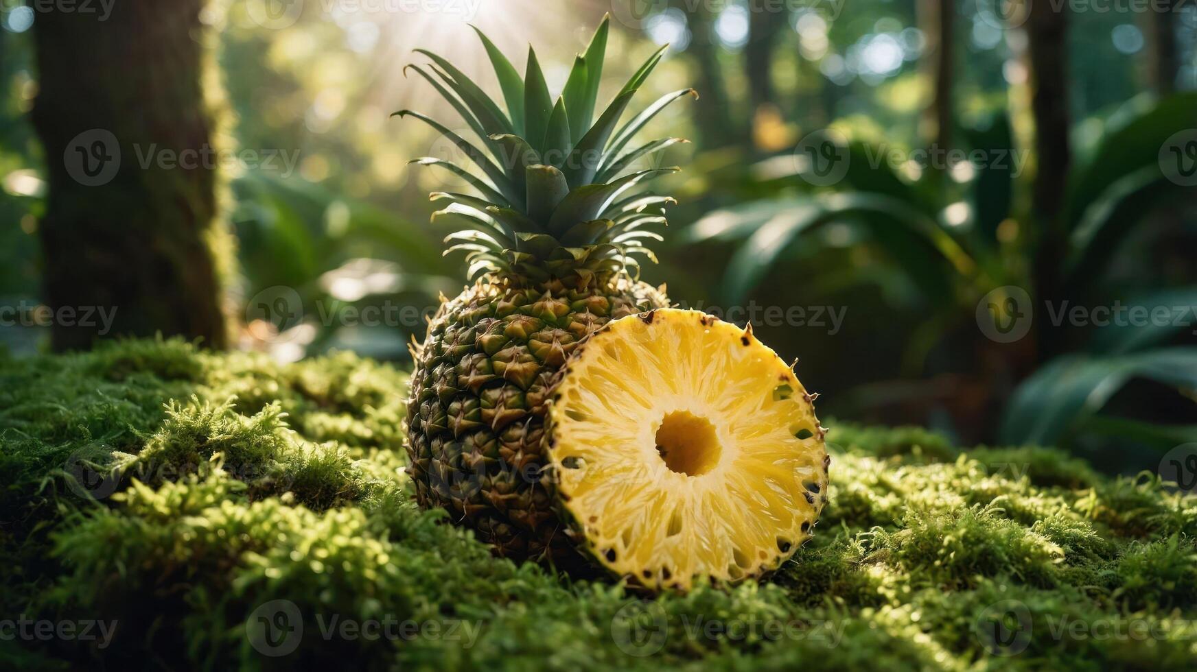 A fresh pineapple cut in half on mossy ground, surrounded by lush greenery. photo