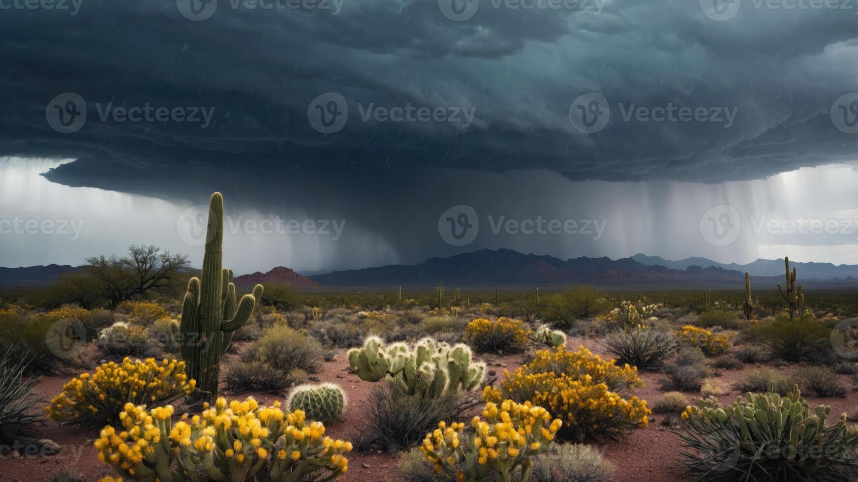 A dramatic desert landscape with storm clouds and vibrant flowers in the foreground. photo