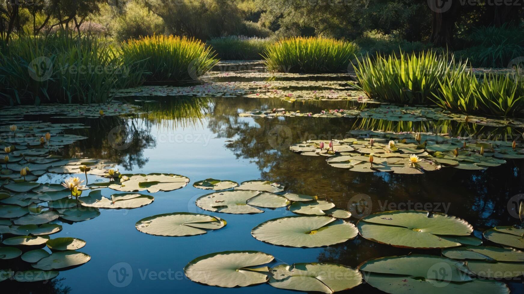 A serene pond filled with lily pads and lush greenery reflecting in calm waters. photo