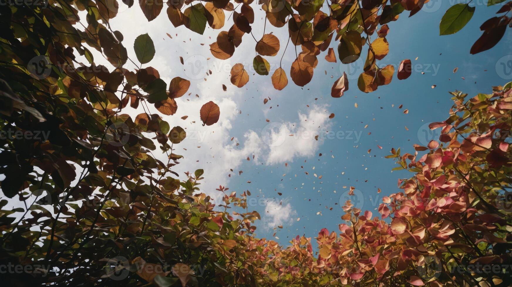 A vibrant view of autumn leaves falling against a bright blue sky. photo