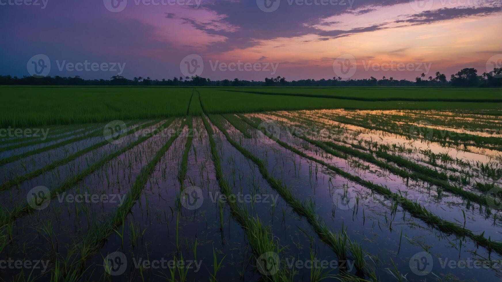 A serene landscape of rice fields reflecting a colorful sunset in a tranquil environment. photo