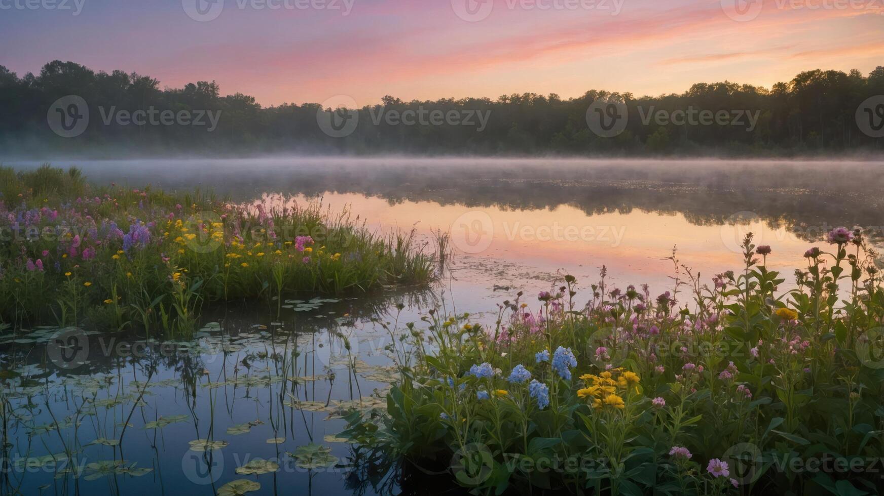 Serene lake at dawn, surrounded by vibrant wildflowers and misty landscapes. photo