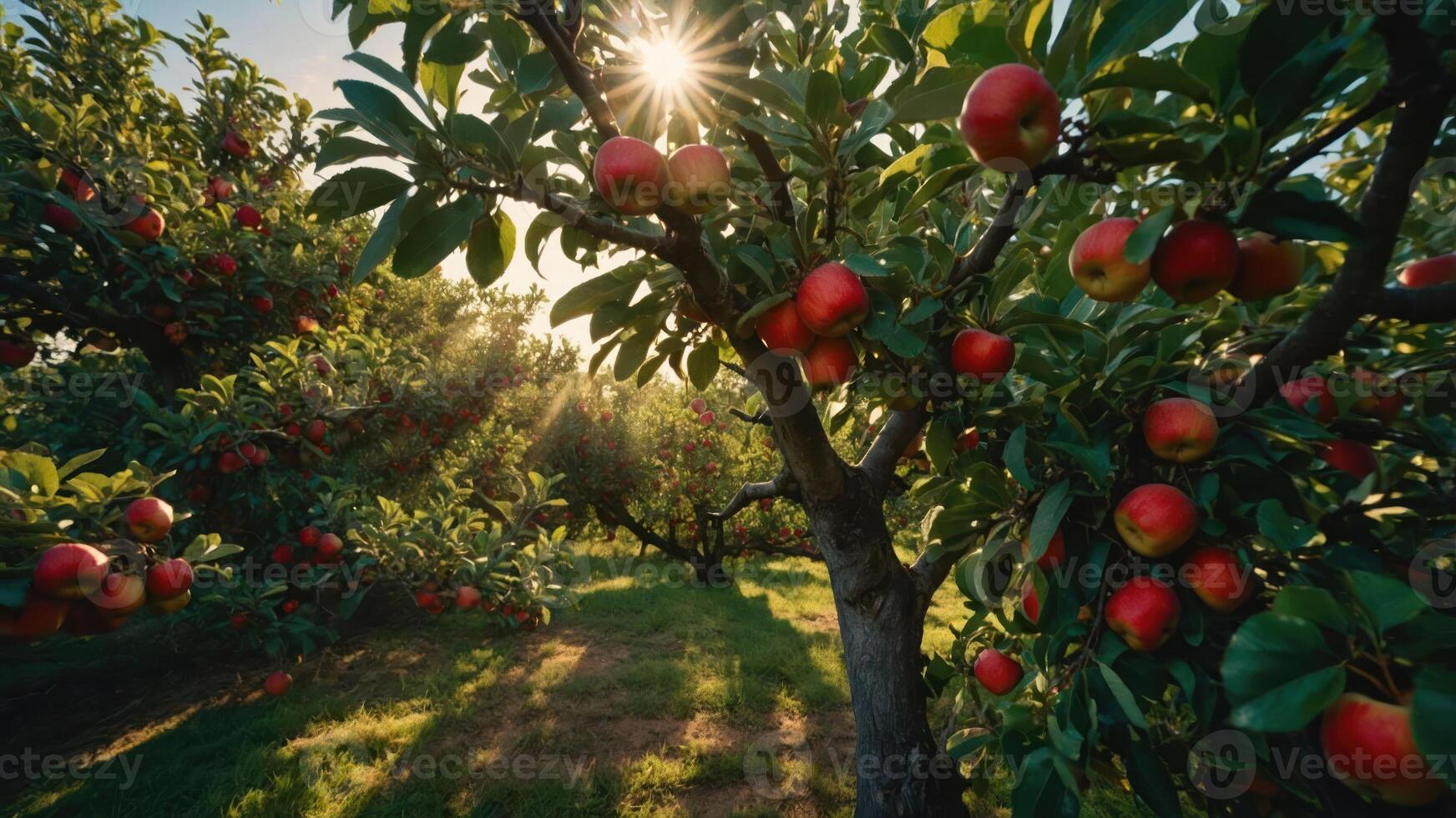 A sunlit orchard filled with ripe red apples and lush greenery. photo