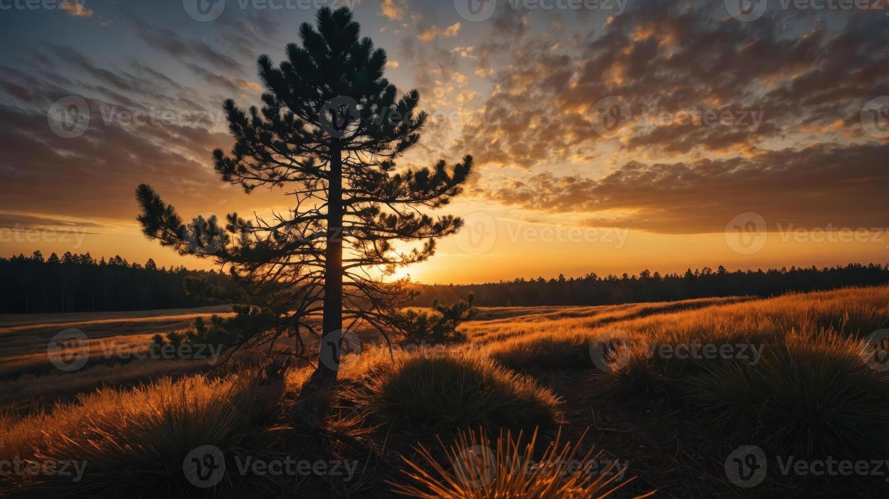 A serene sunset landscape featuring a silhouette of a tree against colorful clouds. photo