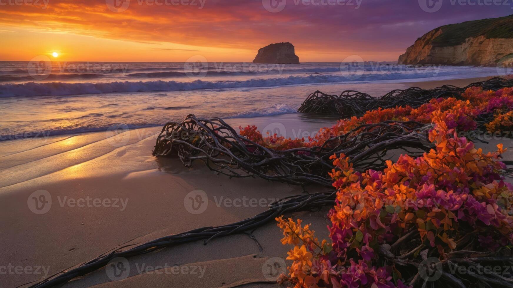 A vibrant sunset over a beach with colorful flowers and driftwood. photo