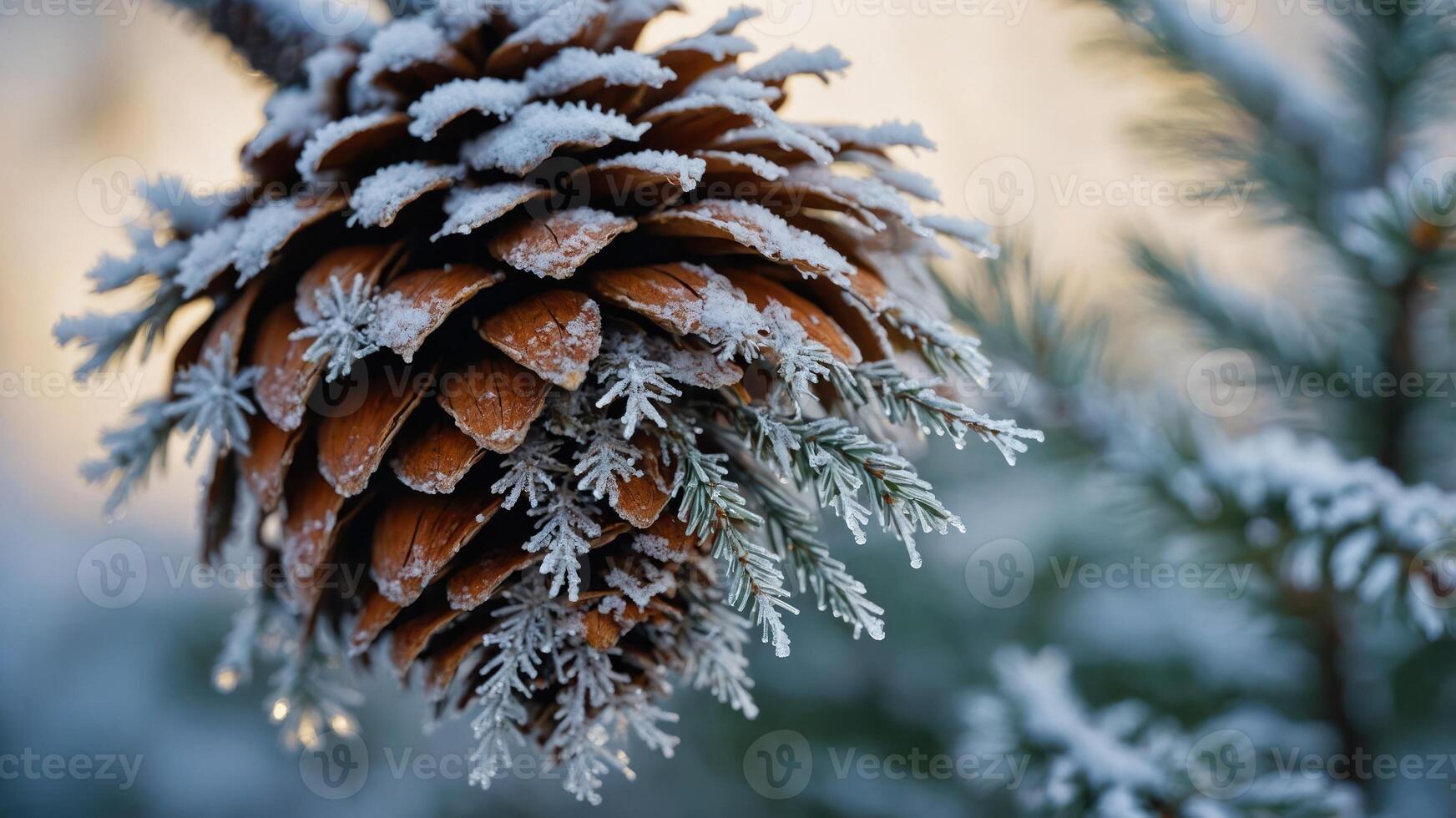 A close-up of a frosted pine cone hanging from a snowy branch. photo