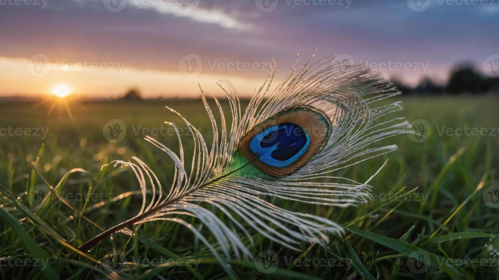 A close-up of a peacock feather resting on grass at sunset. photo