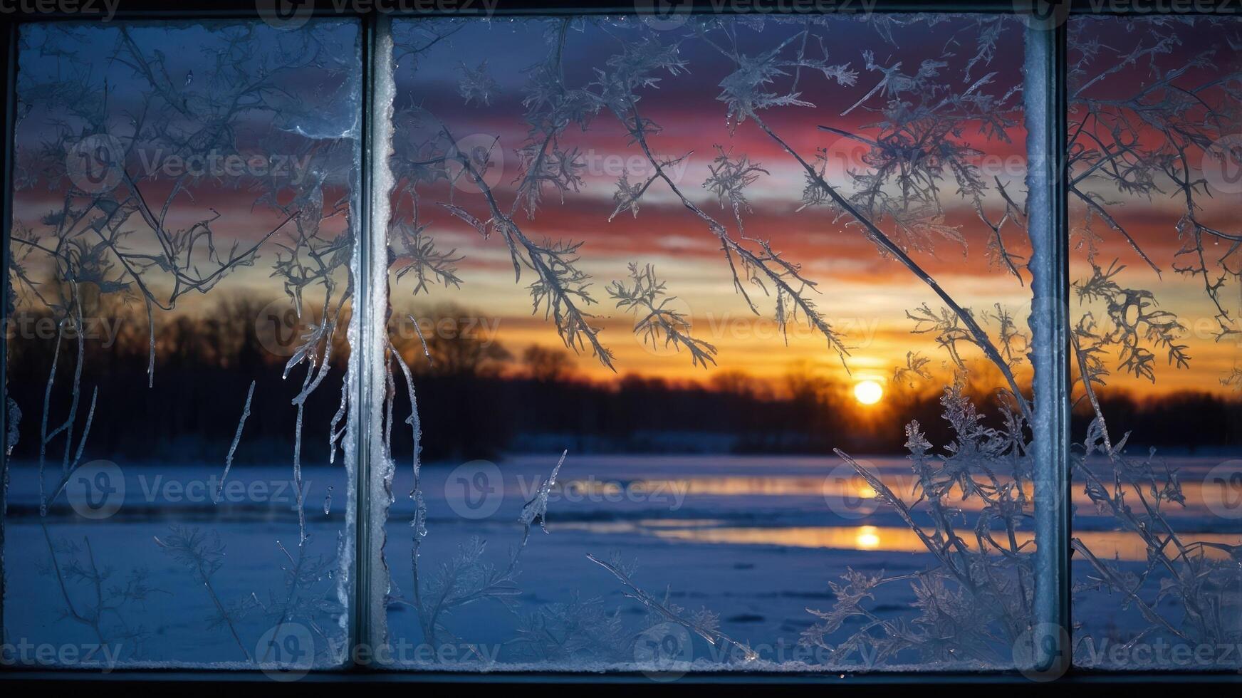 A frosty window frames a vibrant winter sunset over a snowy landscape. photo