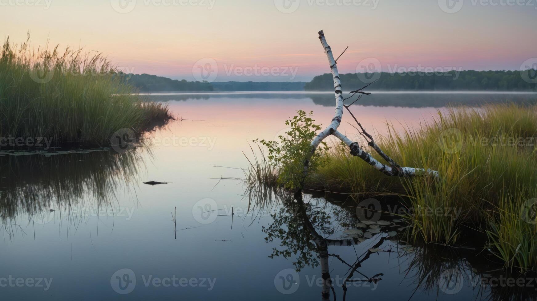 Tranquil lakeside scene at dawn with reflections and lush greenery. photo