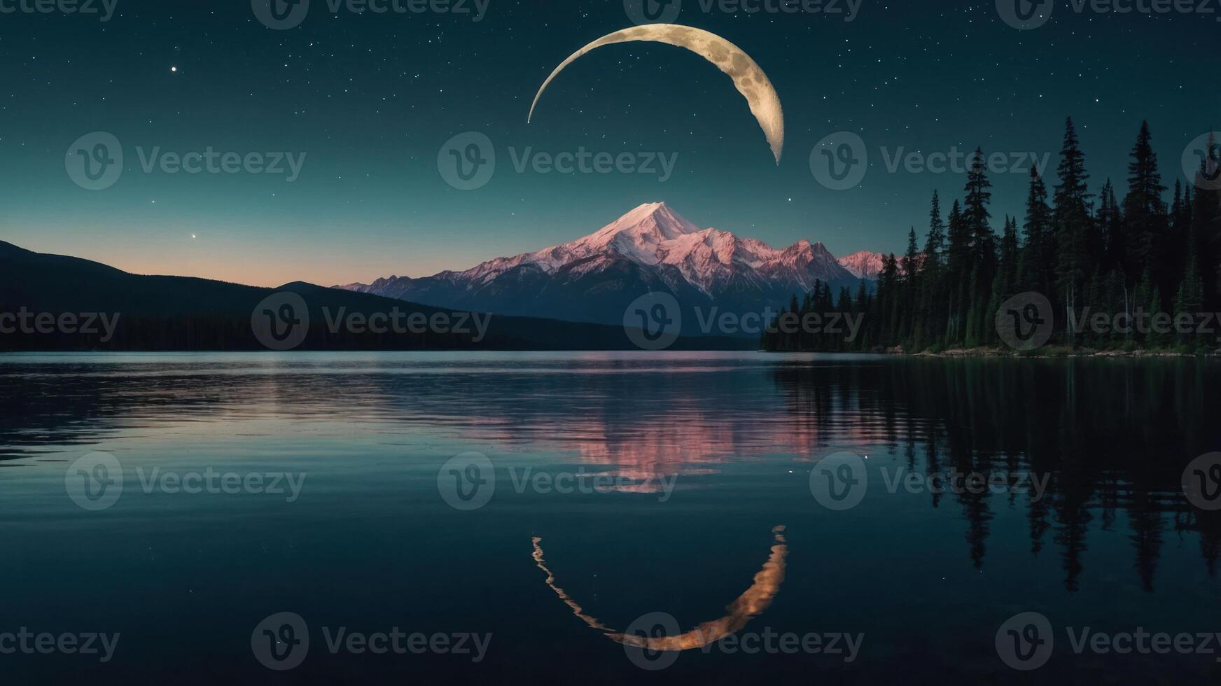 A serene landscape featuring a mountain, lake, and crescent moon reflecting on the water. photo
