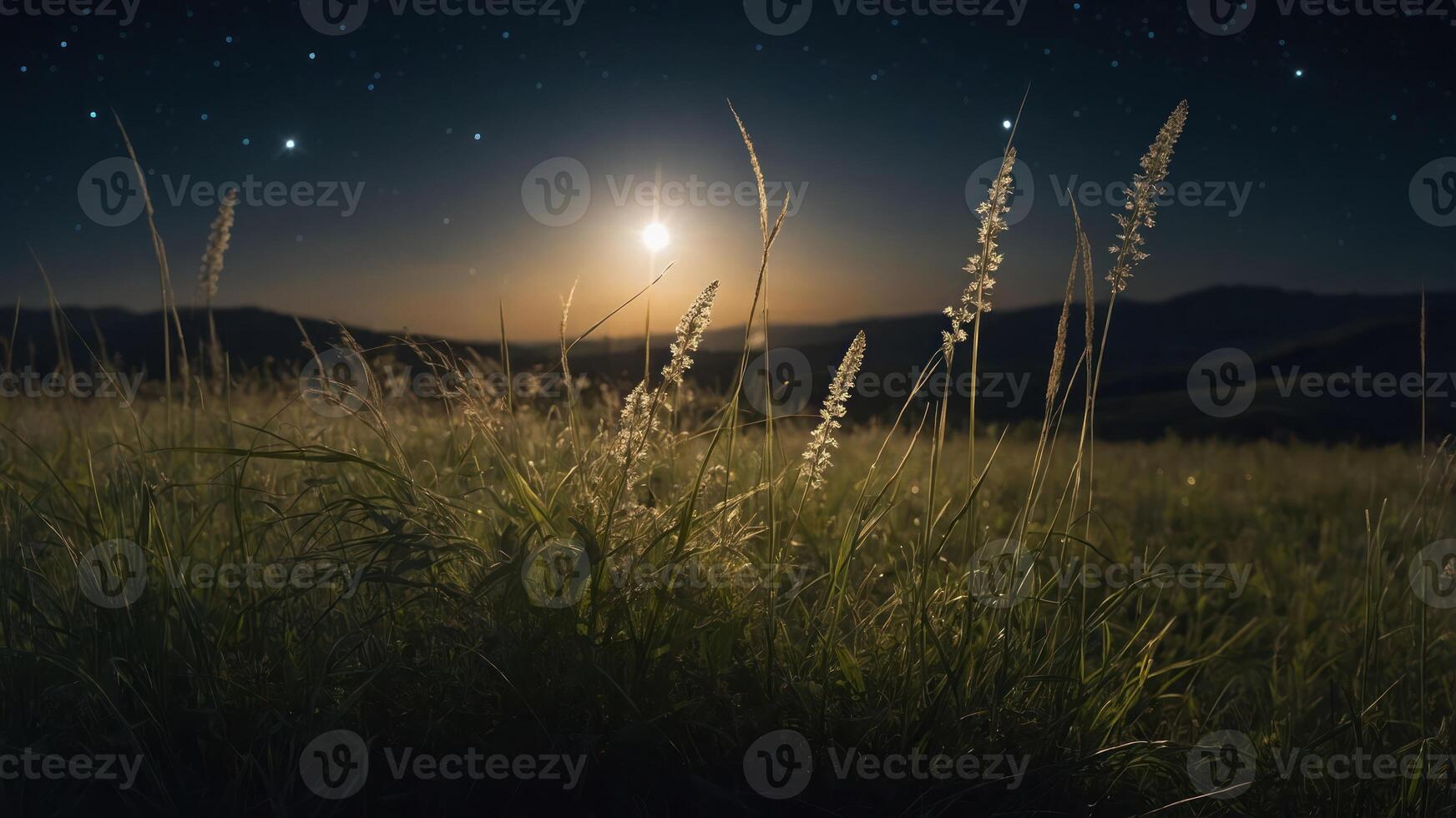 A serene night landscape with grass illuminated by moonlight under a starry sky. photo