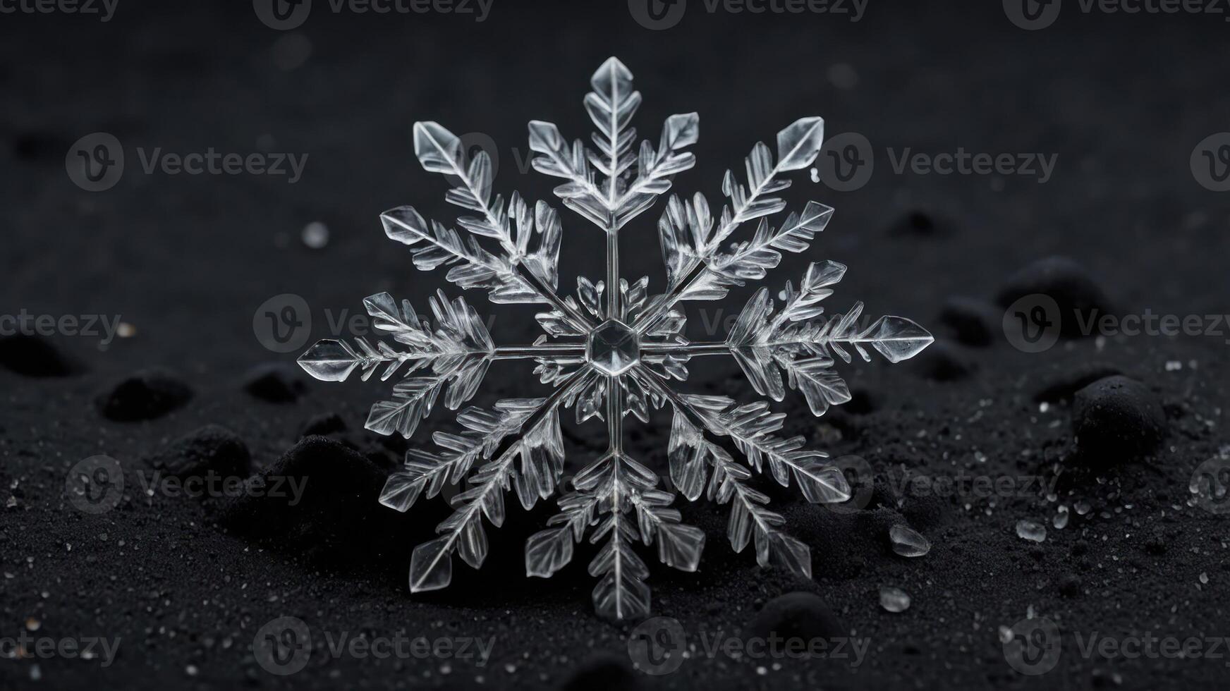 A detailed snowflake crystal on a dark surface, showcasing its intricate design. photo