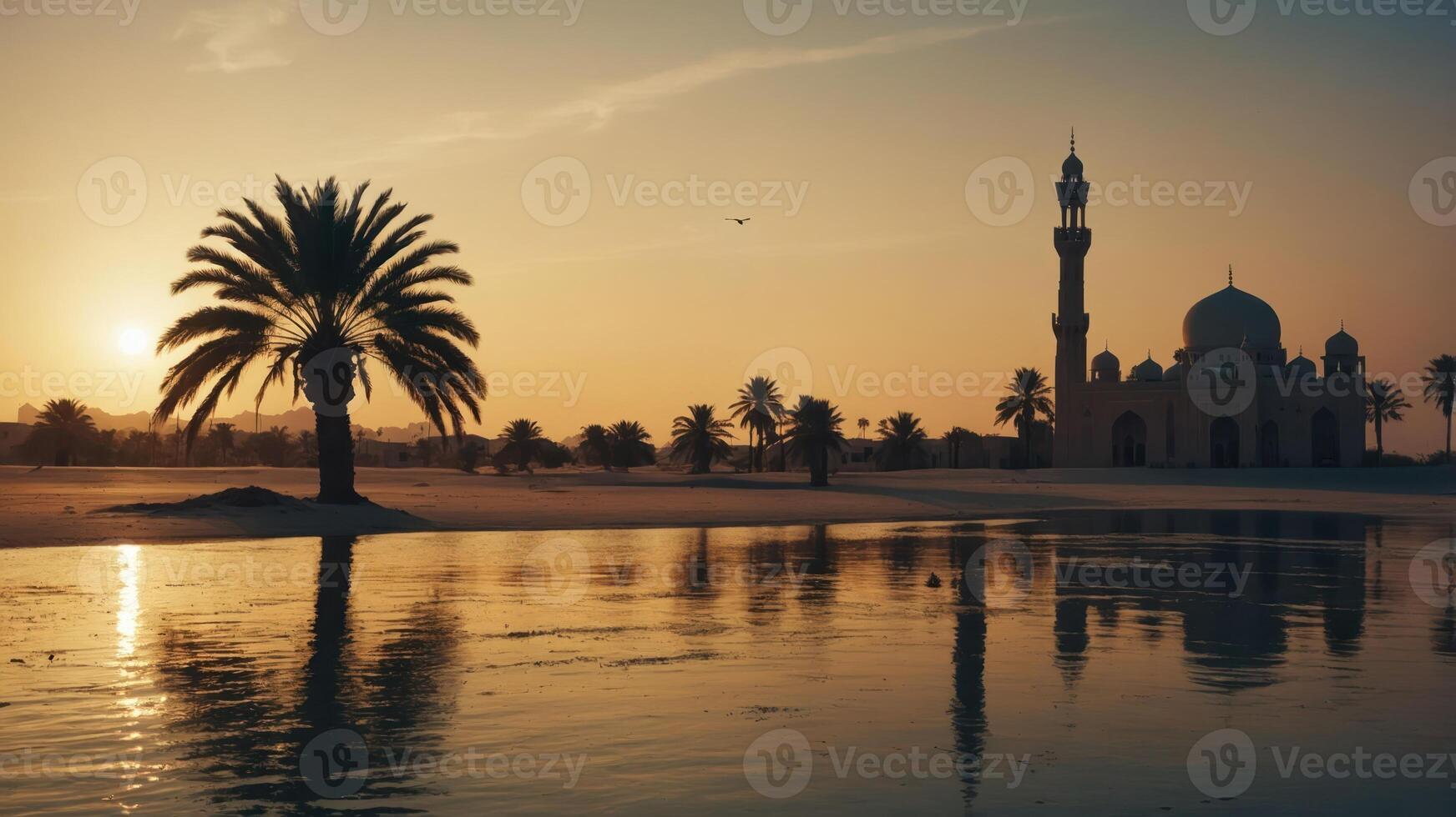 Serene sunset over a mosque and palm trees, reflecting in calm water. photo