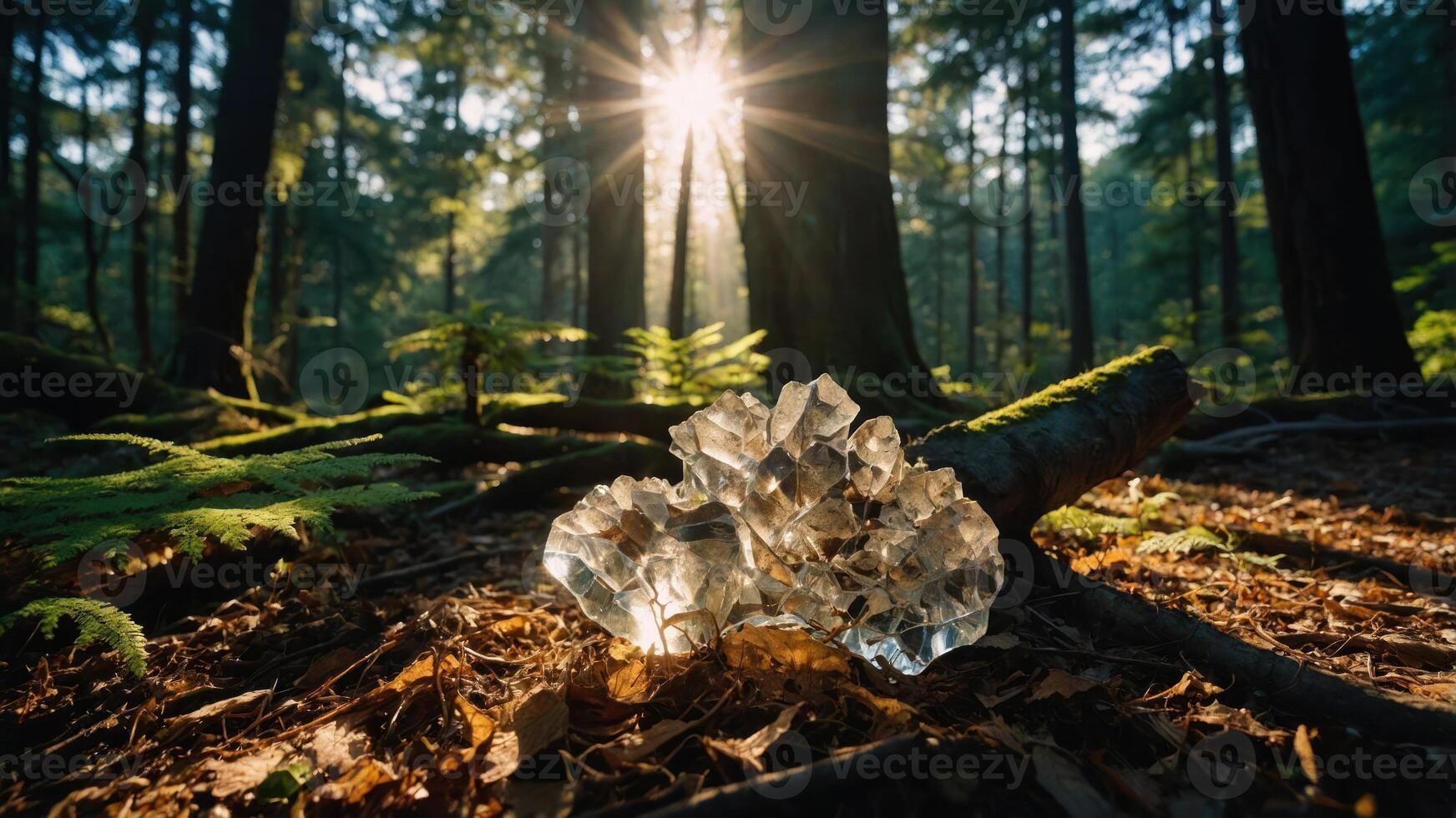 A crystal formation glimmers in a sunlit forest, surrounded by trees and foliage. photo