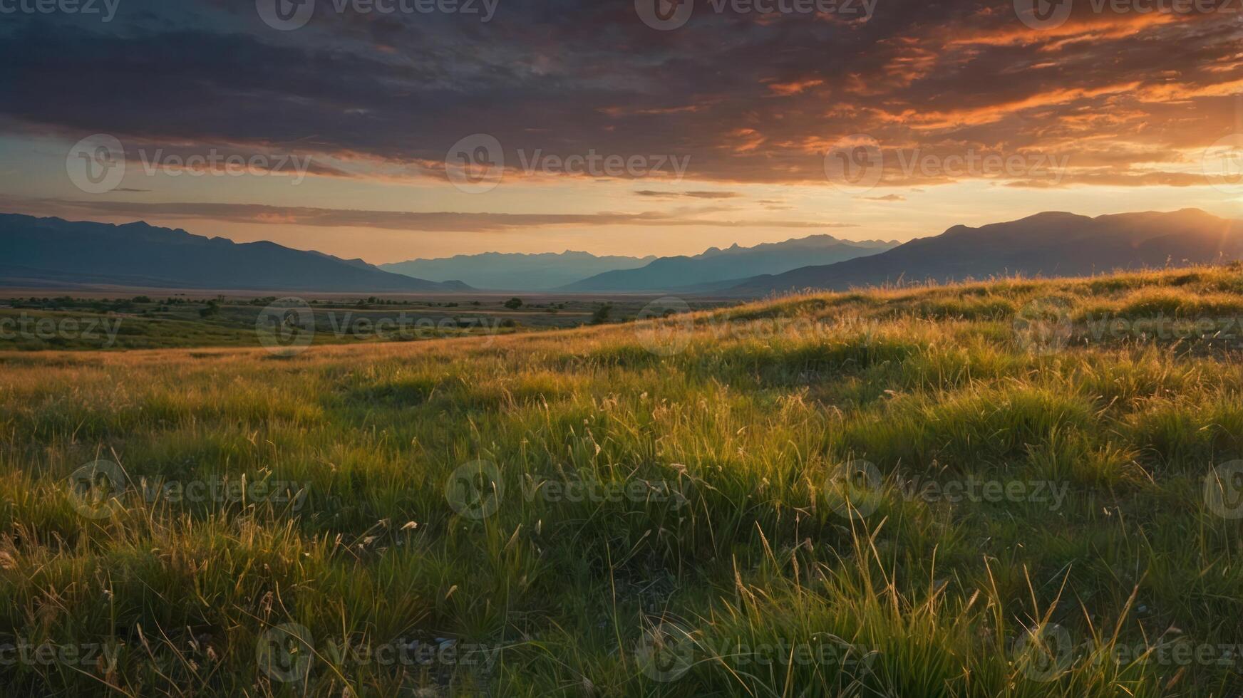 A serene landscape at sunset with rolling hills and a colorful sky. photo