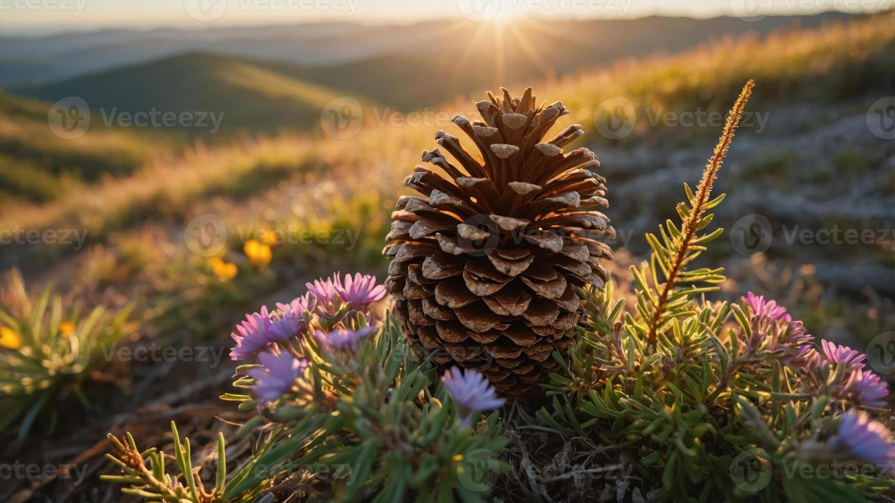 A pine cone surrounded by colorful flowers in a serene landscape at sunset. photo