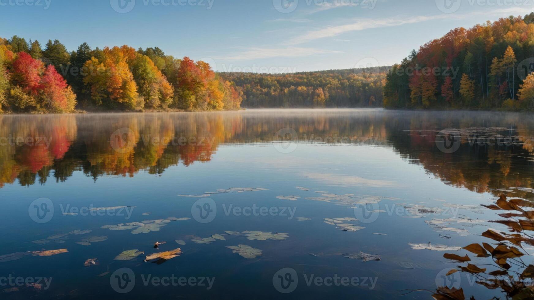Serene autumn landscape reflecting colorful trees in a calm lake. photo