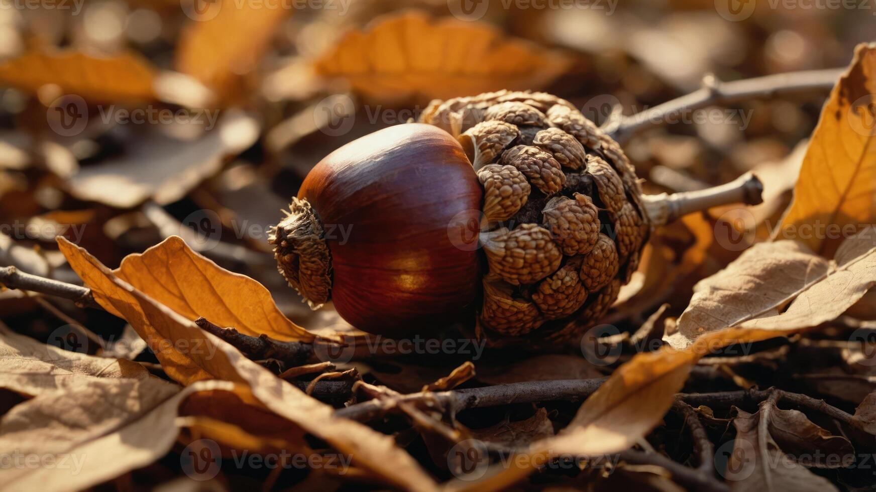 A close-up of an acorn resting on dried leaves in a natural setting. photo