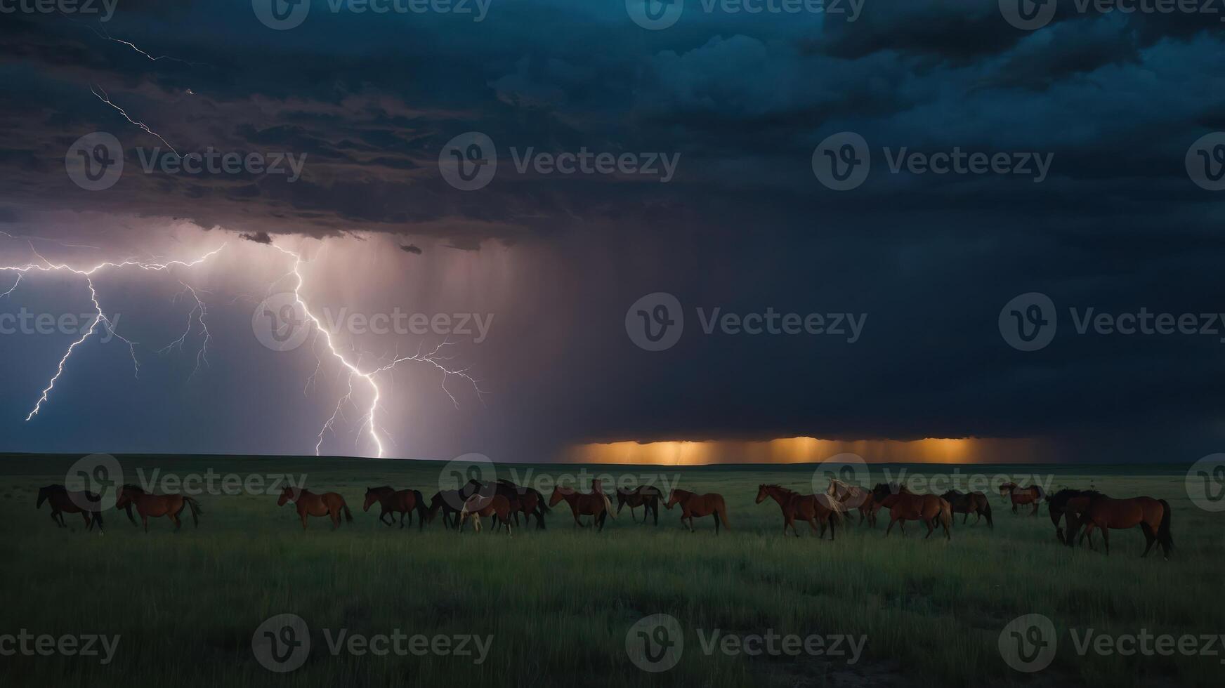 A dramatic scene of horses in a stormy landscape with lightning illuminating the sky. photo