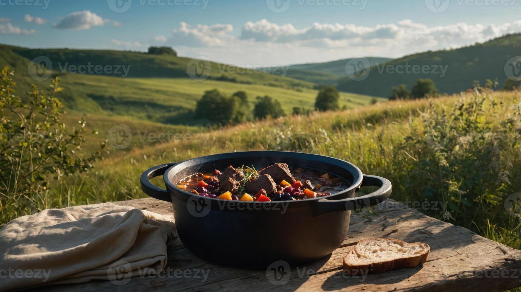 A pot of stew sits on a wooden table in a scenic landscape, inviting outdoor dining. photo