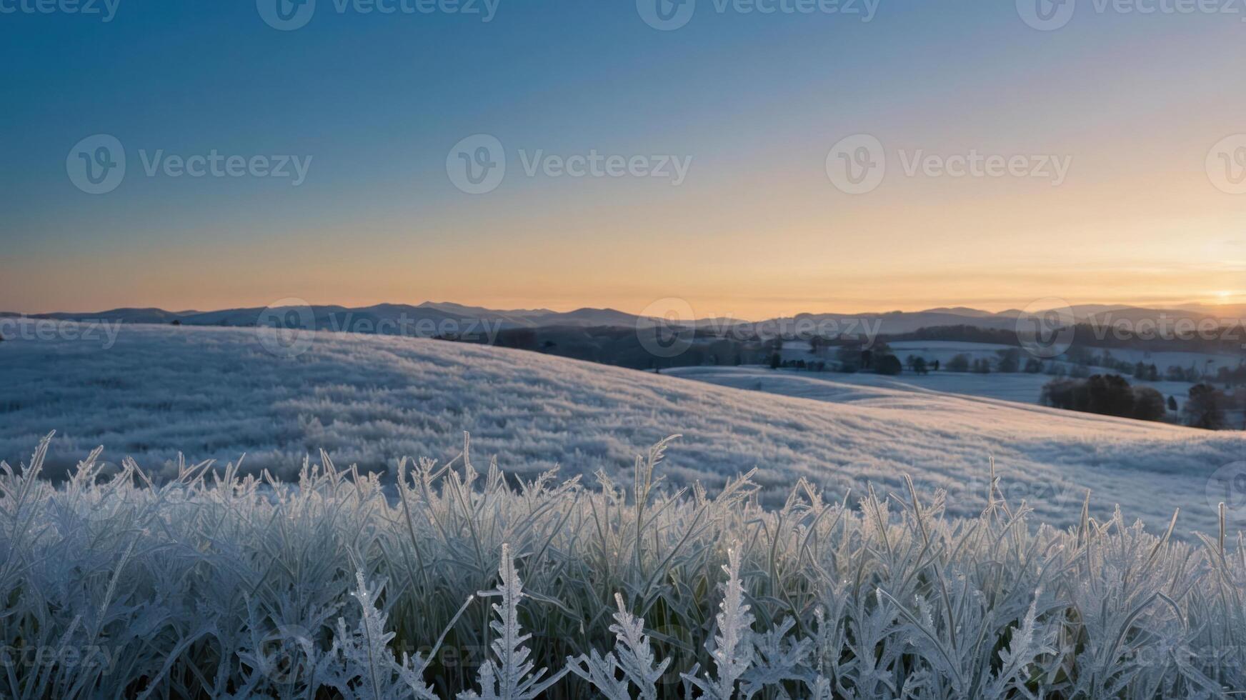 Frost-covered landscape at sunrise, showcasing serene winter beauty. photo
