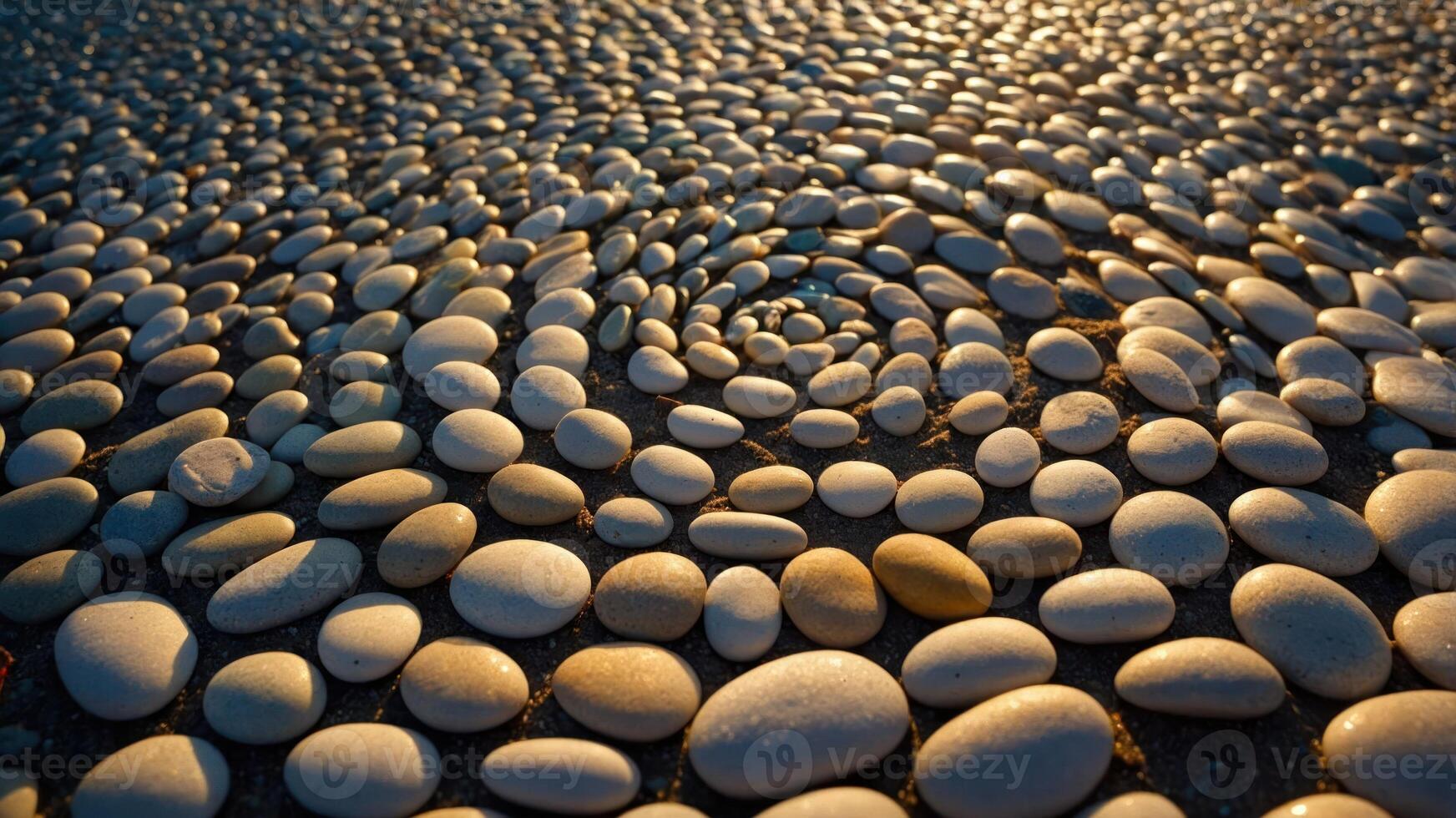 A close-up of smooth, rounded pebbles arranged in a spiral pattern on a surface. photo