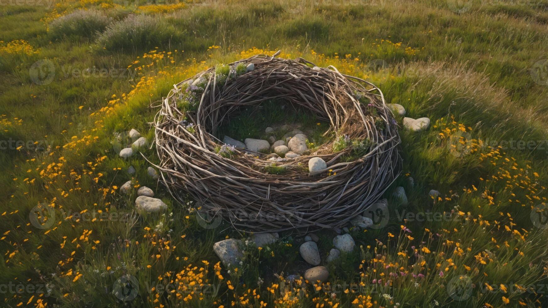 A large, circular nest made of twigs and stones, surrounded by flowers in a grassy field. photo