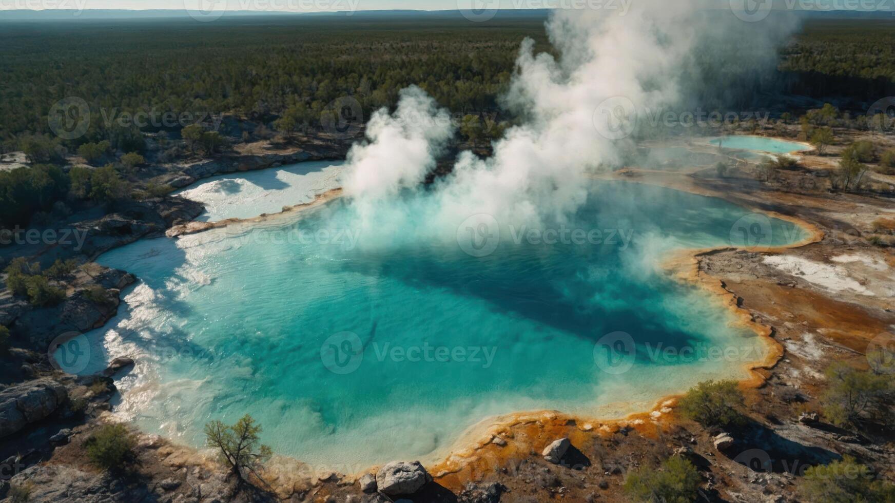 Aerial view of a geothermal hot spring with vibrant blue water and steam rising. photo