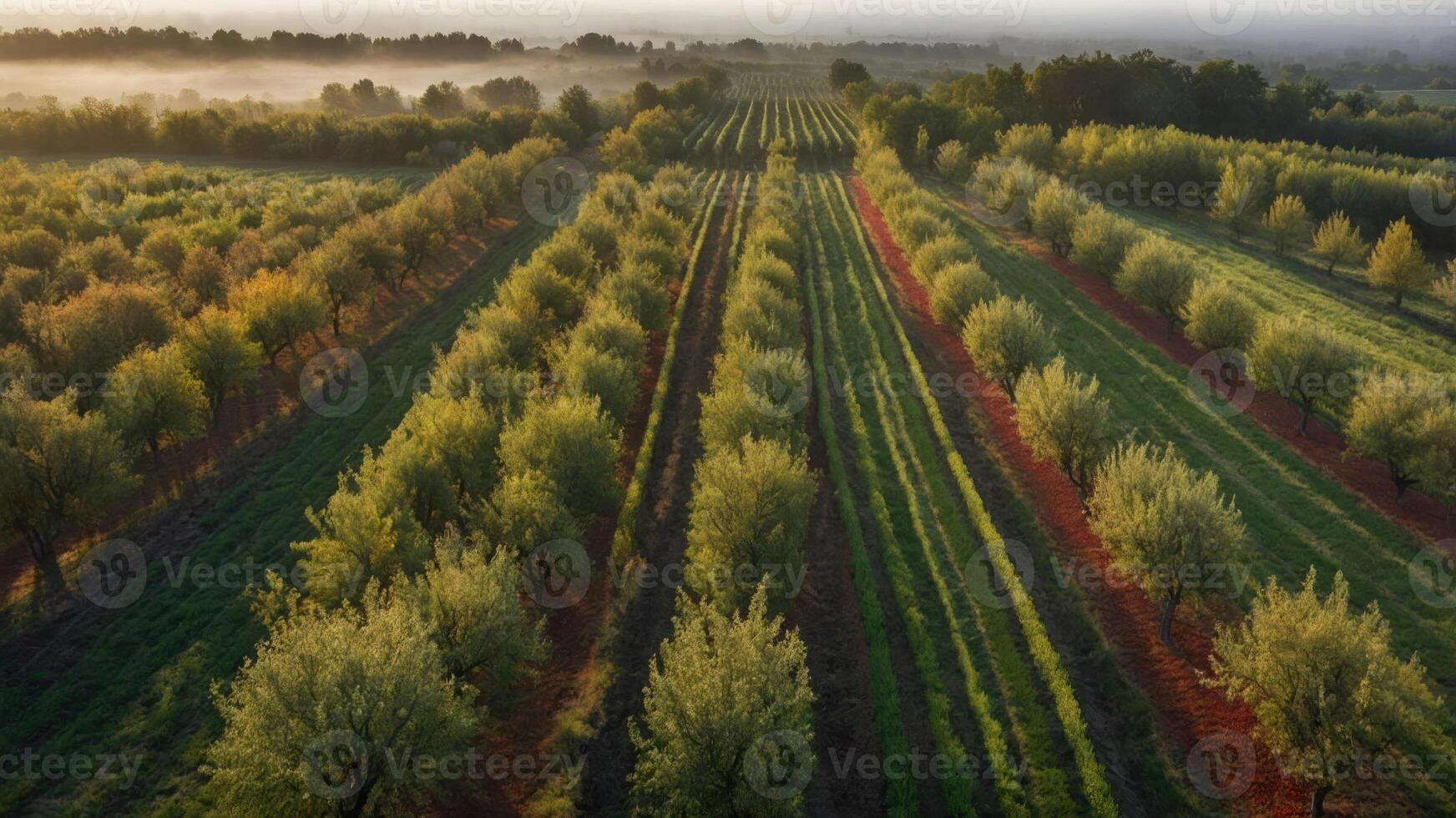 Aerial view of lush orchards with rows of trees in a serene landscape during sunrise. photo
