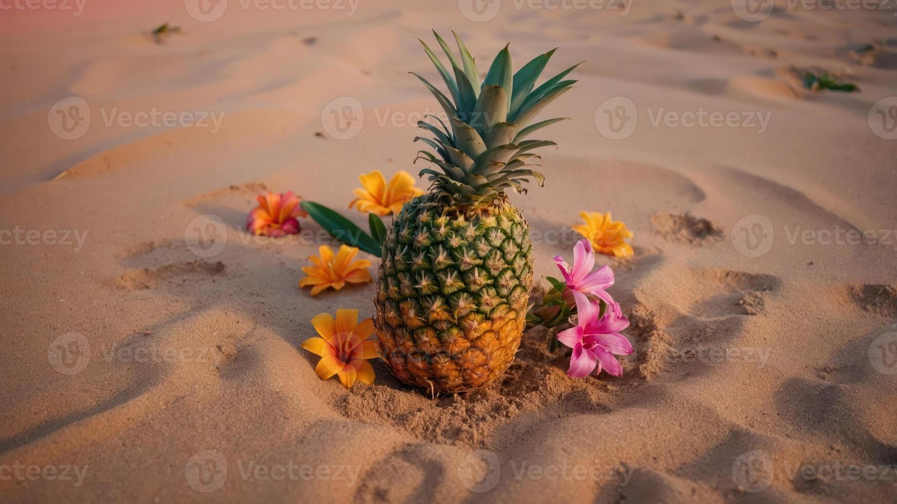 A pineapple surrounded by colorful flowers on sandy terrain, creating a vibrant tropical scene. photo