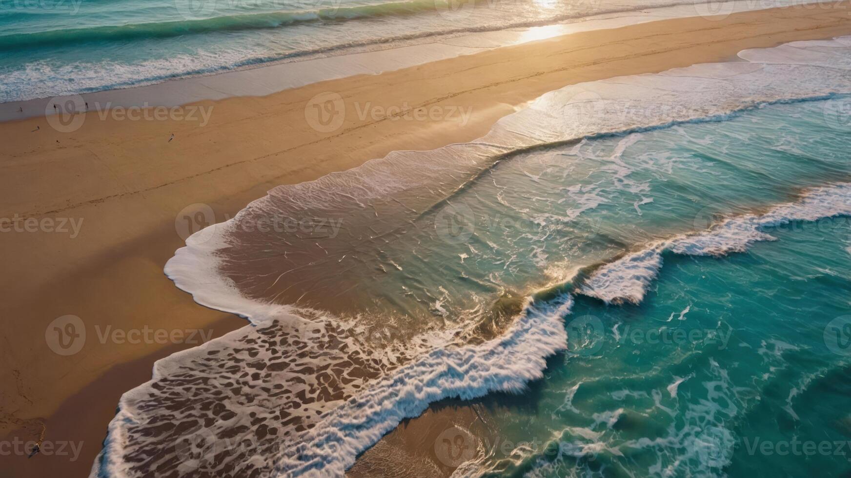 A serene beach scene with gentle waves lapping at the shore during sunset. photo