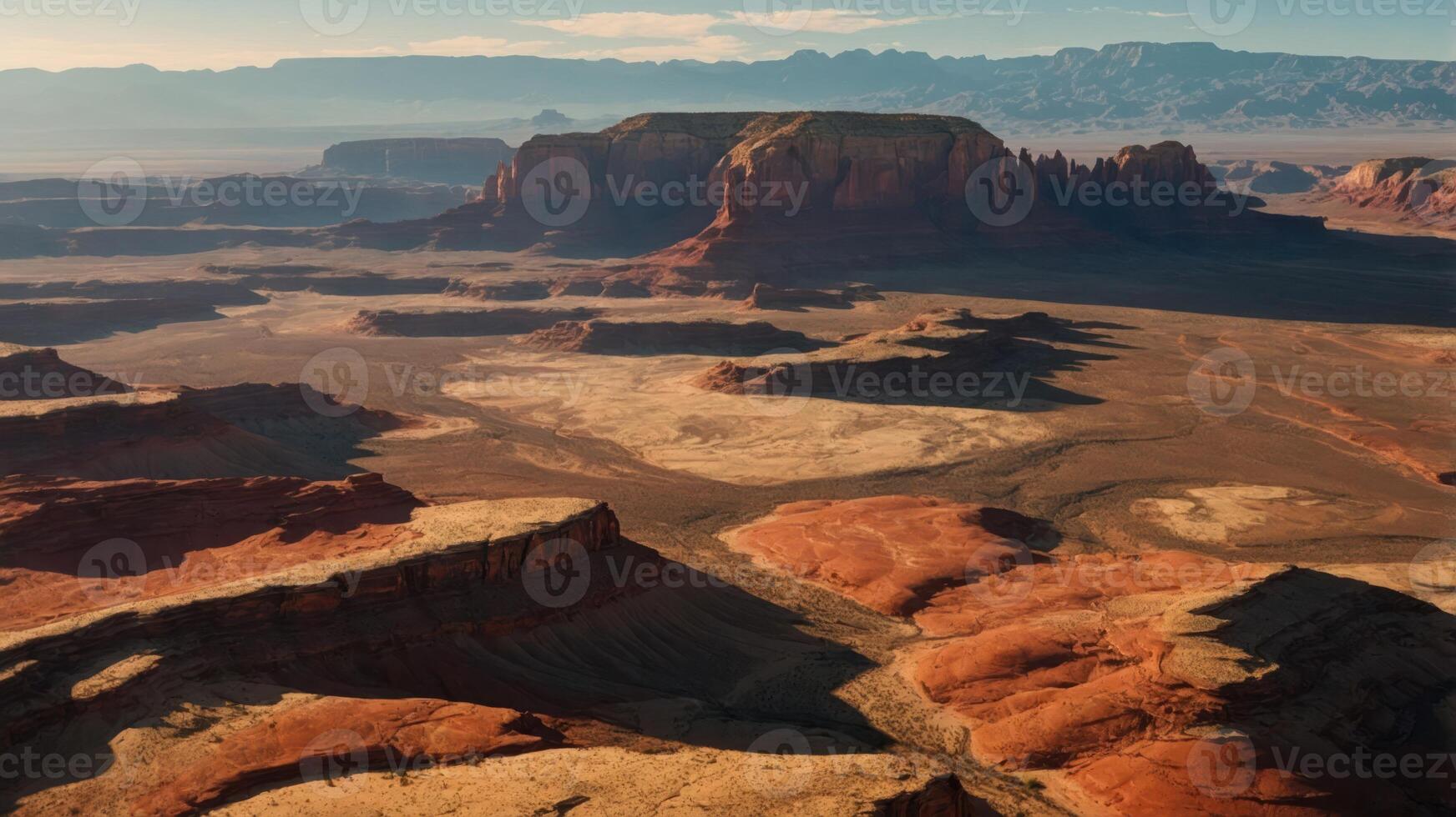 A vast desert landscape with red rock formations and distant mountains under a clear sky. photo