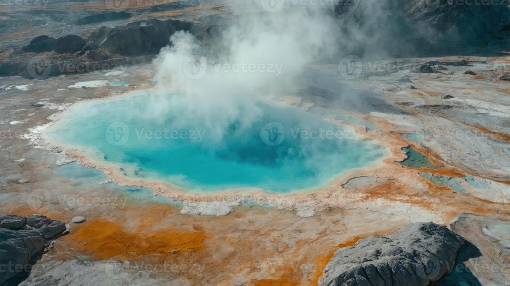 A geothermal pool with vibrant blue water and steam rising in a rocky landscape. photo