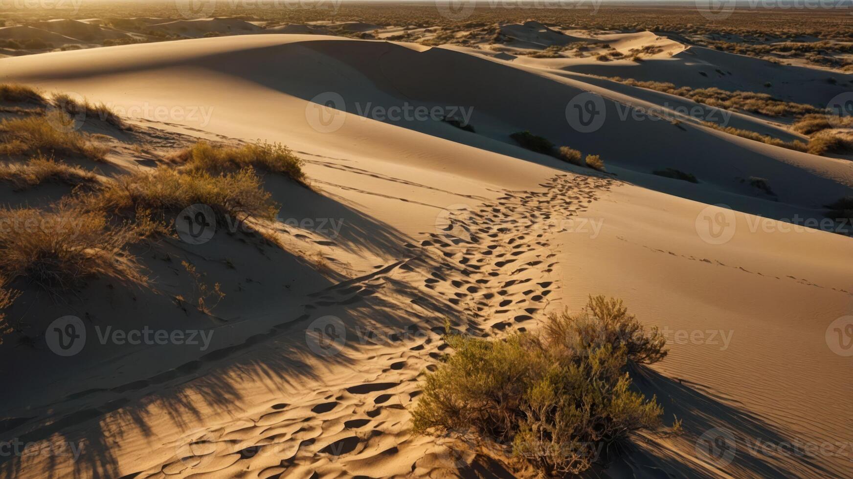 A serene desert landscape with sand dunes and footprints leading through sparse vegetation. photo
