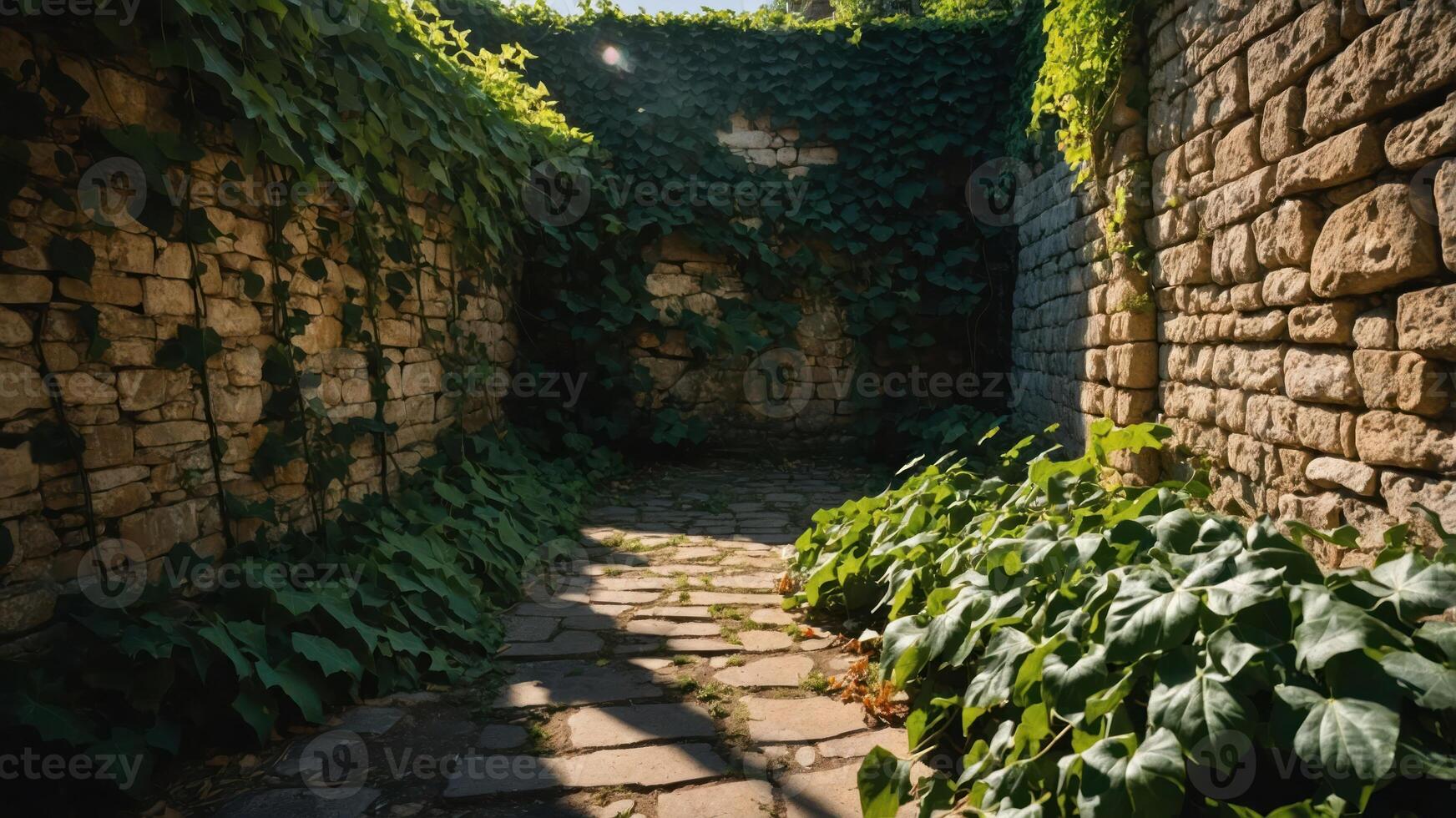 A serene, vine-covered pathway surrounded by stone walls, inviting exploration and tranquility. photo