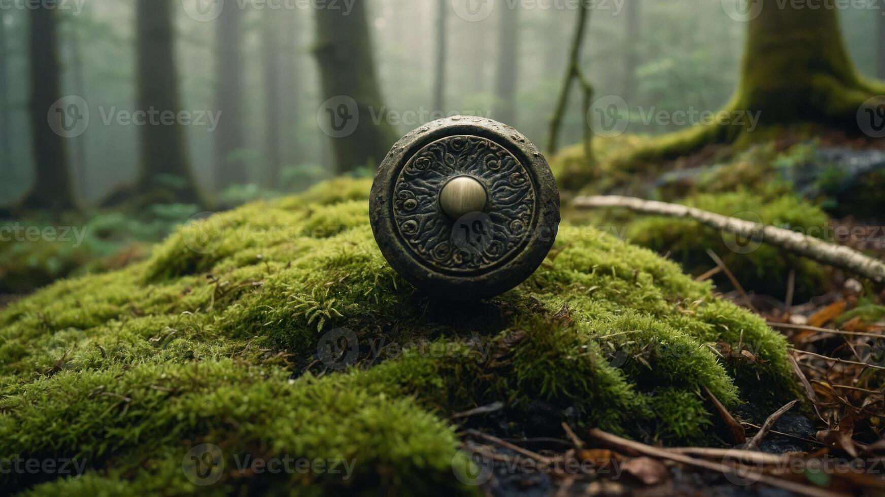 A decorative shield rests on moss in a misty forest, evoking a sense of history. photo