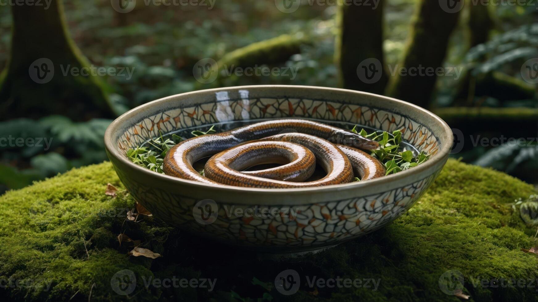 A bowl with a coiled snake resting on moss in a forest setting. photo