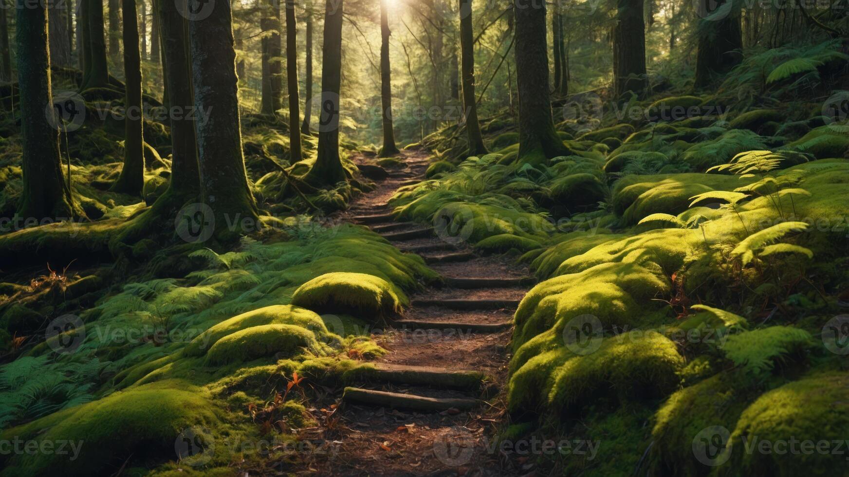 A serene forest path lined with lush moss and sunlight filtering through the trees. photo