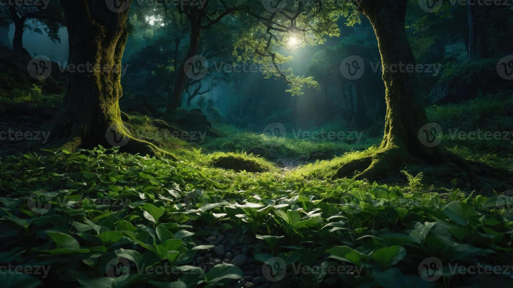 A serene forest scene illuminated by sunlight filtering through trees and lush foliage. photo
