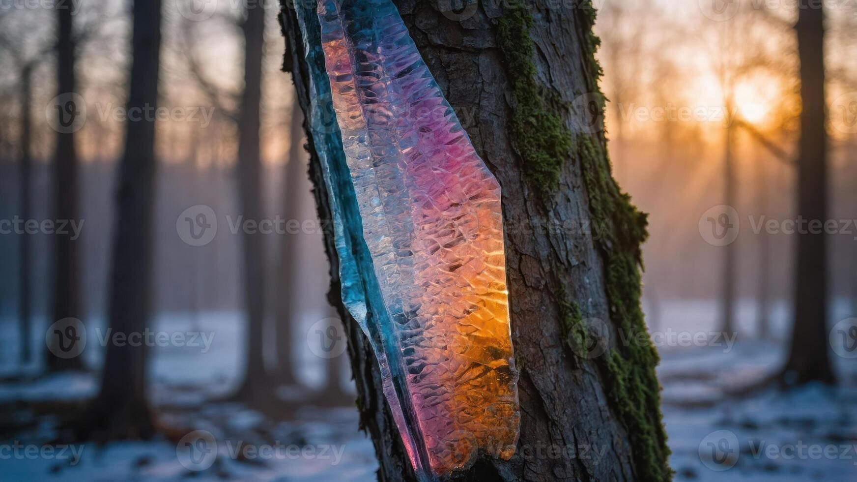 A colorful crystal embedded in a tree trunk during a serene sunset in a snowy forest. photo