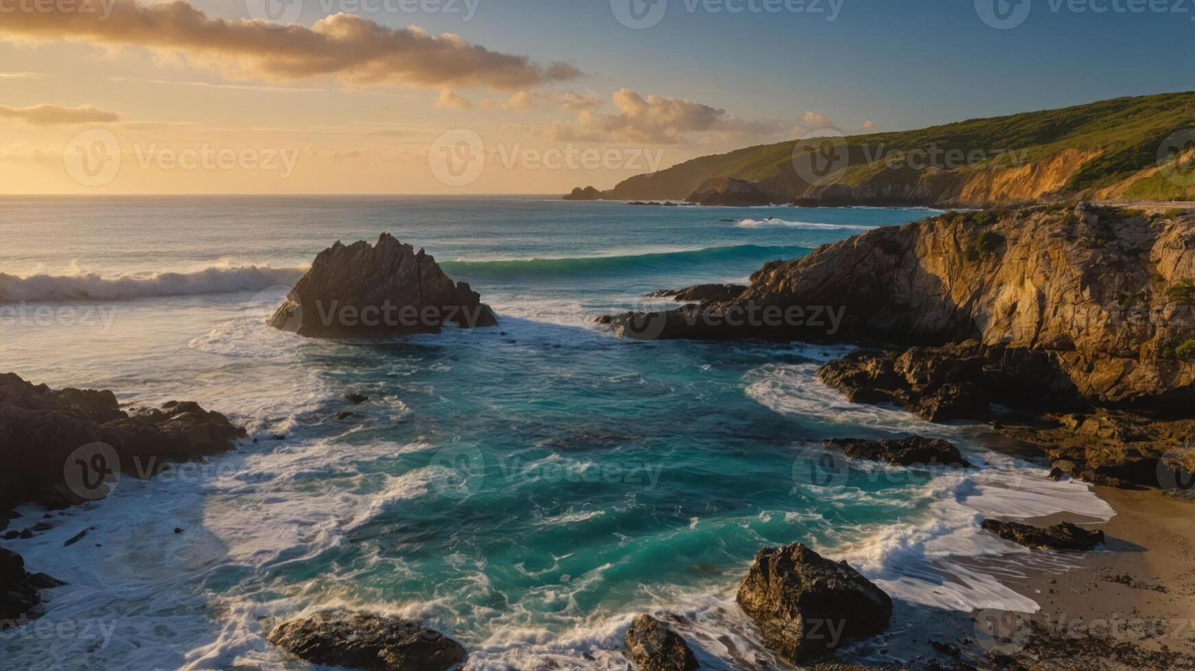 A serene coastal landscape at sunset with waves crashing against rocky shores. photo