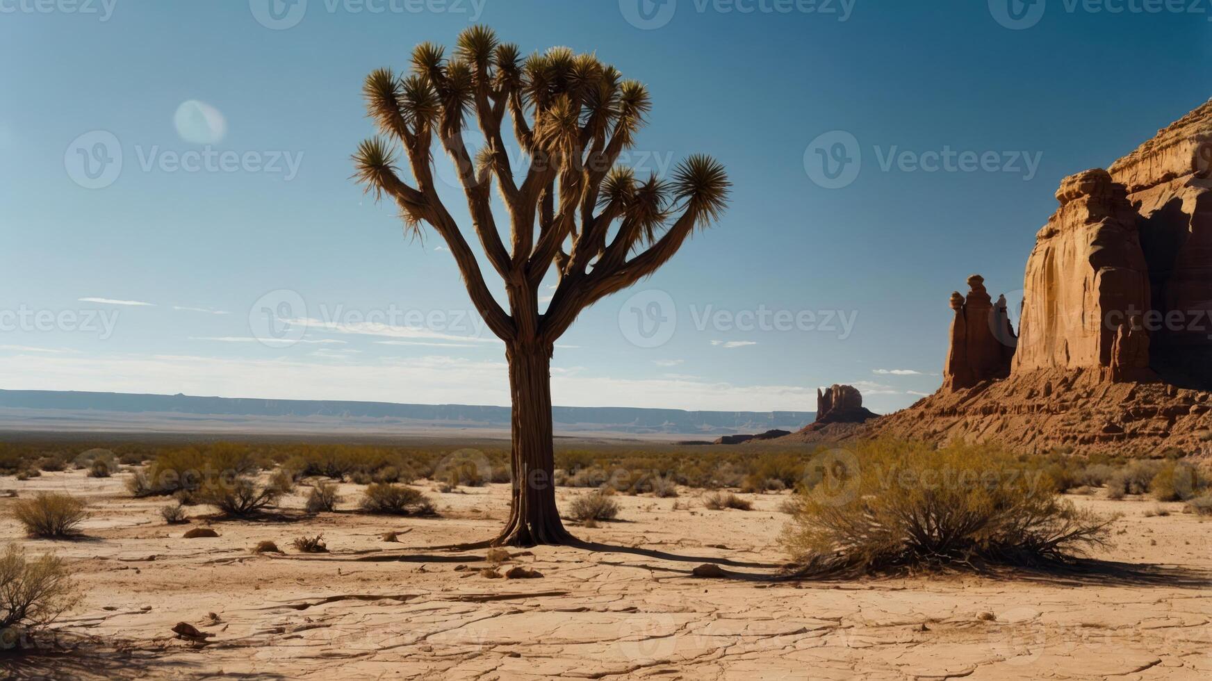 A solitary Joshua tree stands against a desert landscape, showcasing natural beauty and serenity. photo