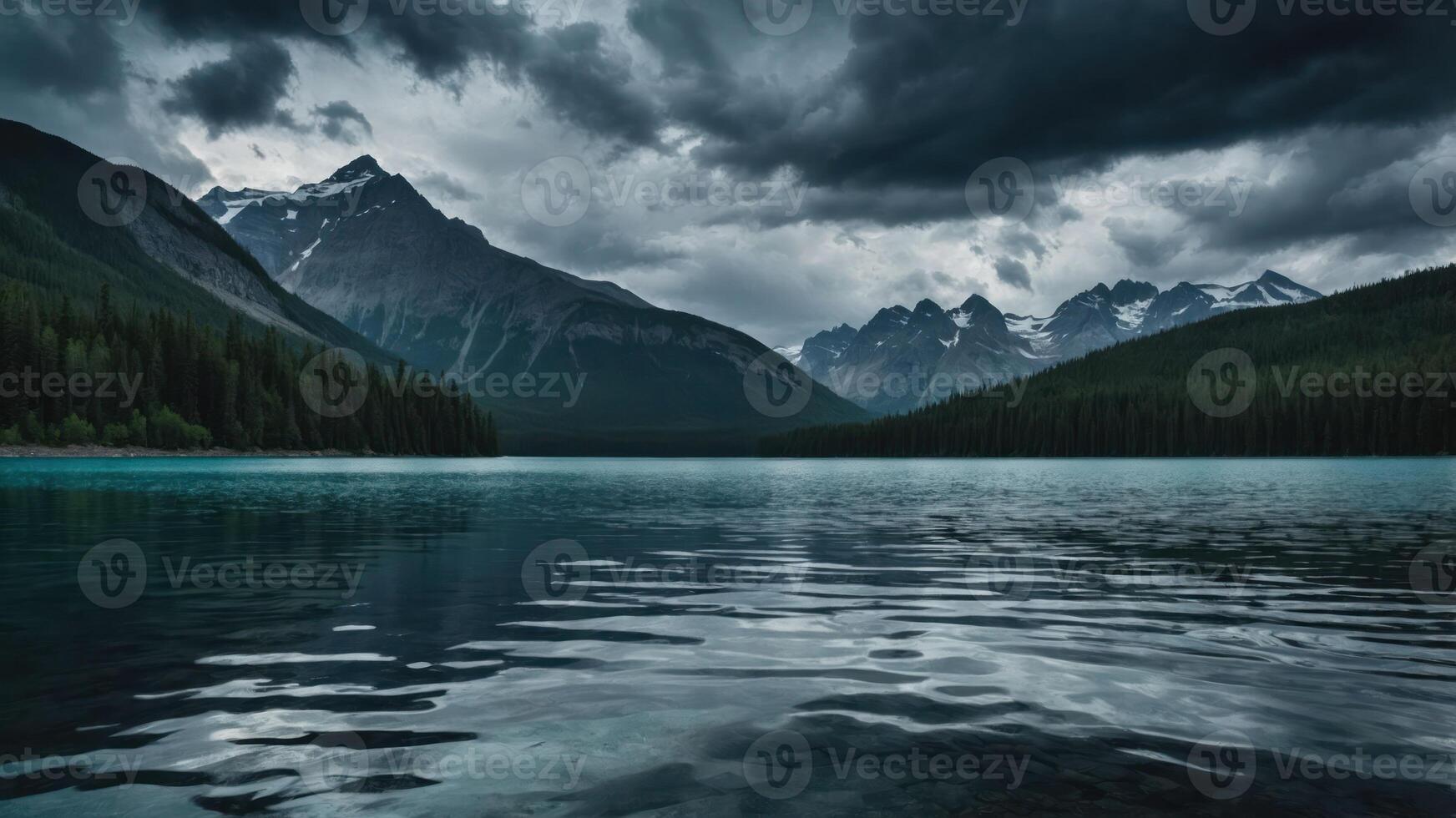 A serene lake surrounded by mountains under a dramatic, cloudy sky. photo