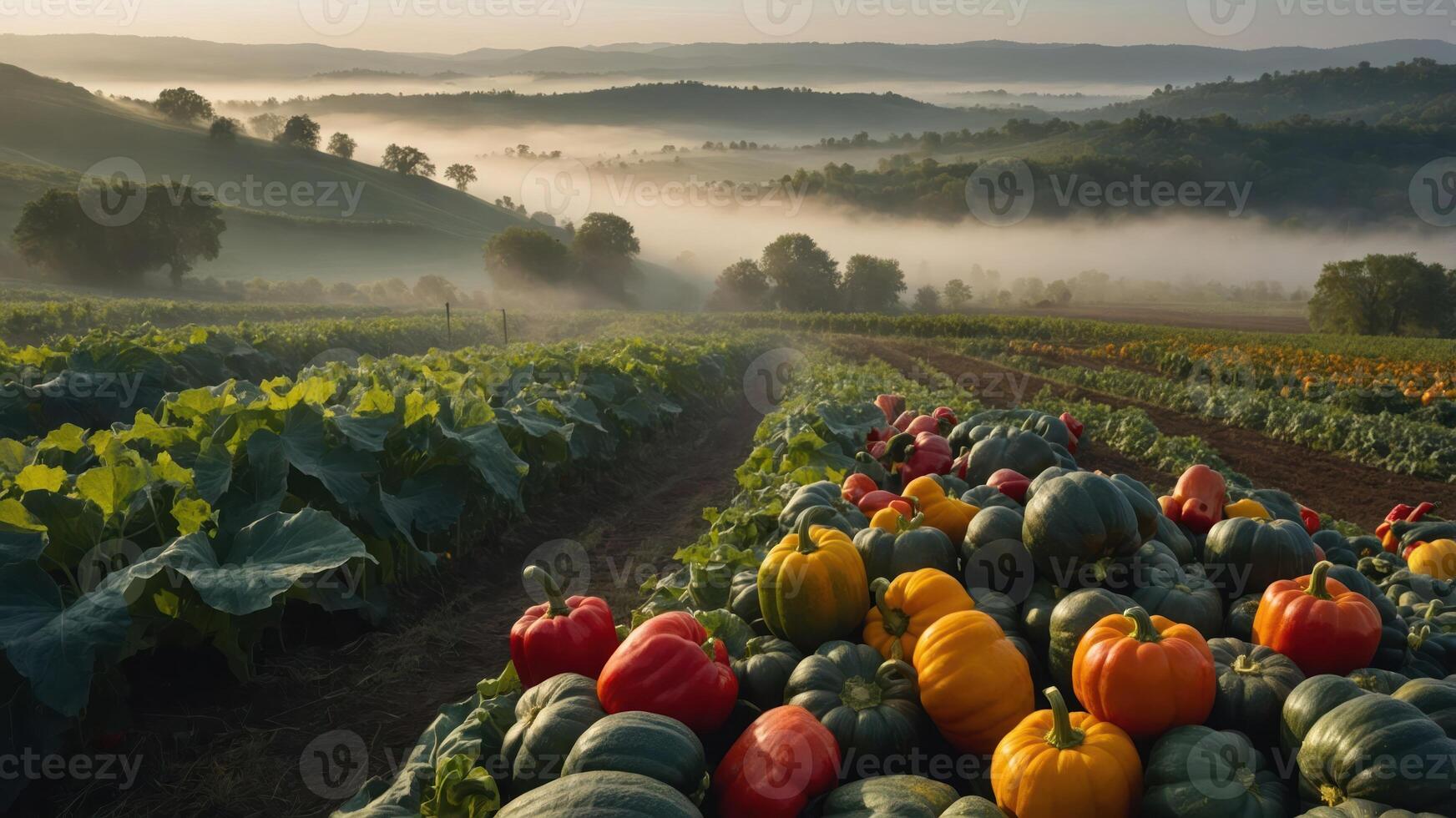 A scenic view of a misty landscape with vibrant pumpkins and vegetables in a field. photo