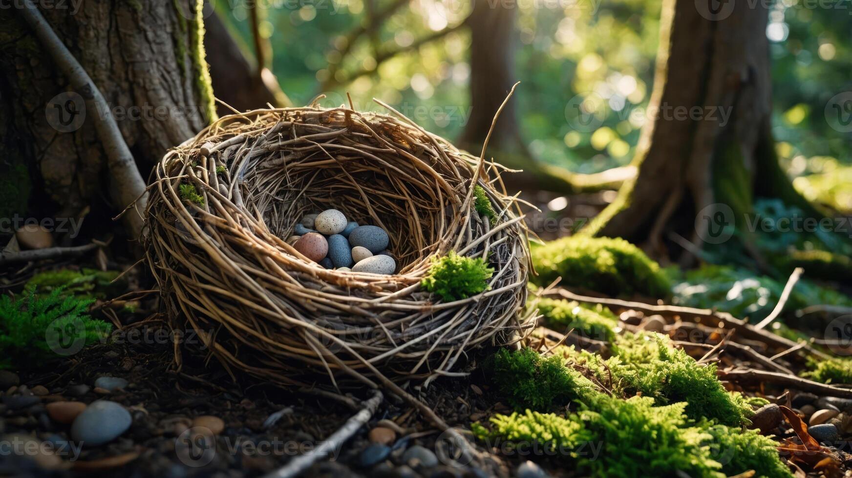 A bird's nest with colorful eggs nestled in a forest setting. photo