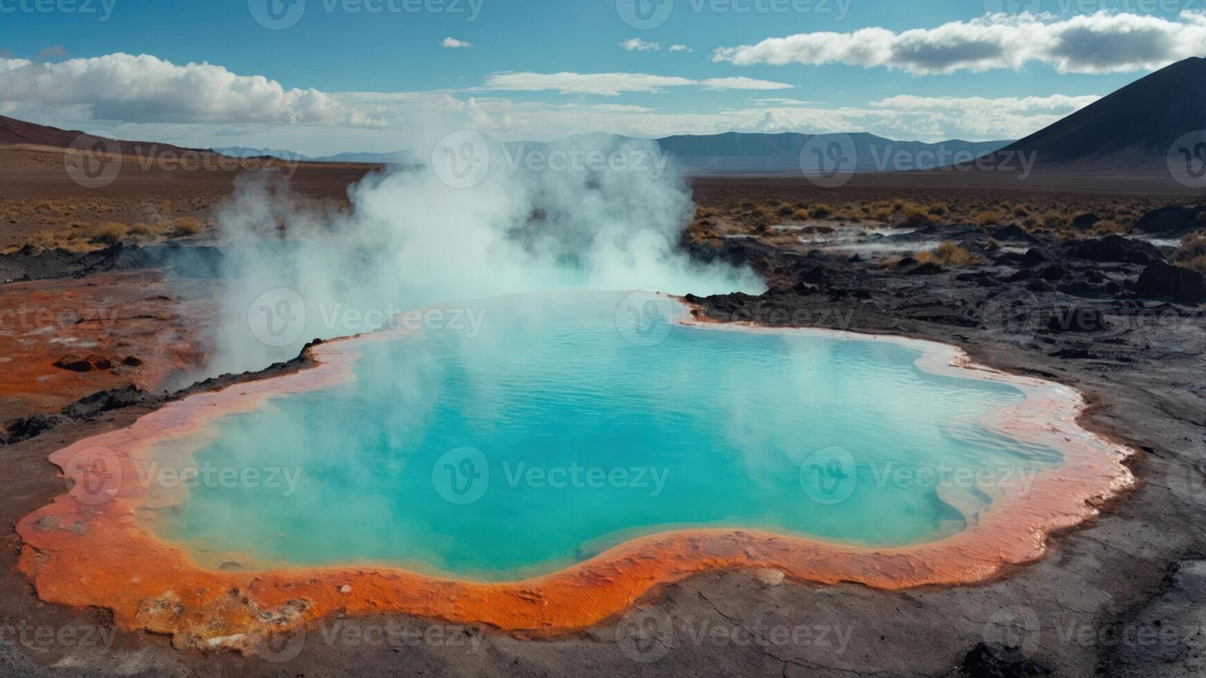 A vibrant geothermal pool surrounded by steam and colorful mineral deposits. photo
