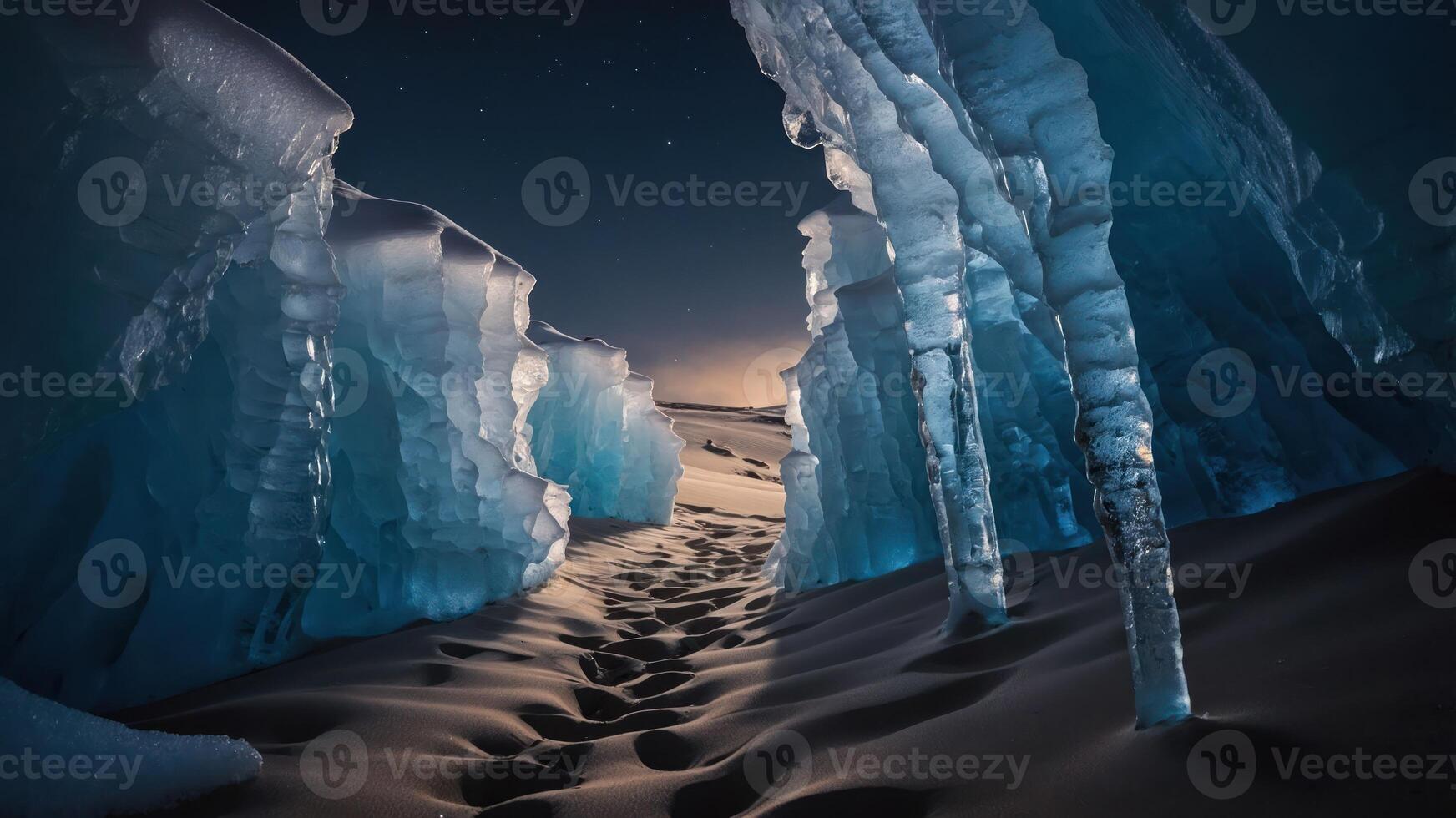 A serene icy passageway with towering blue ice formations and a sandy path leading through. photo