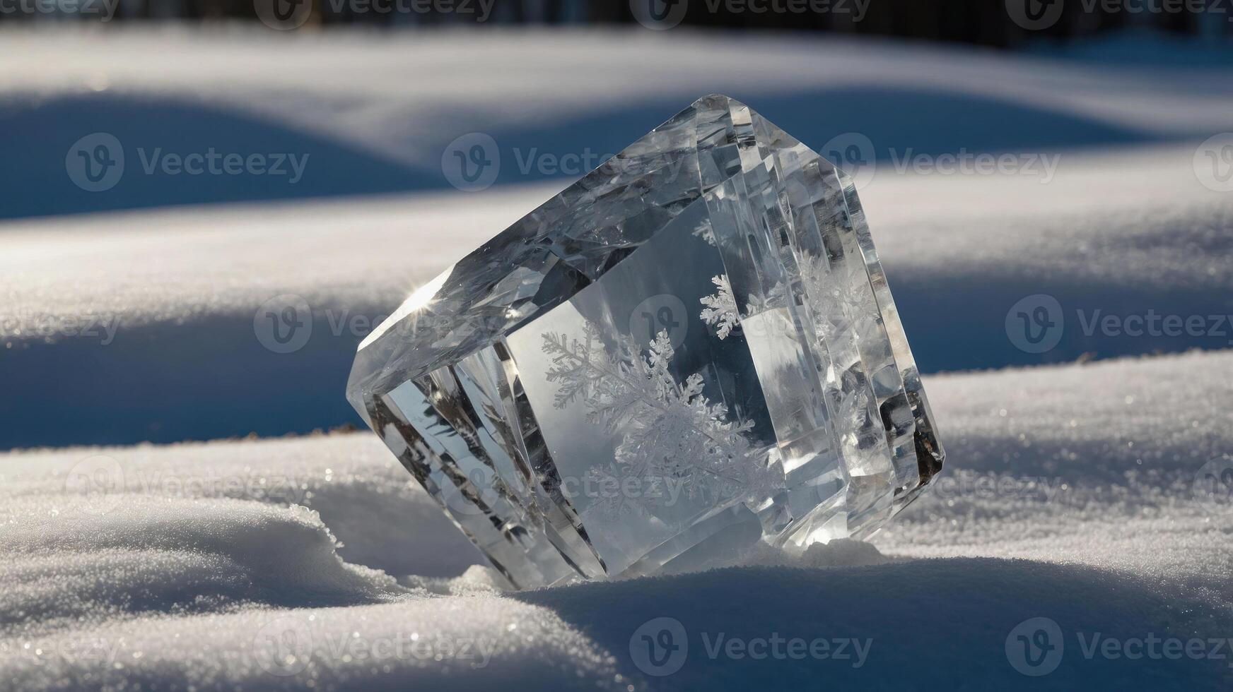 A crystal-like ice sculpture resting on pristine snow, showcasing intricate snowflake patterns. photo